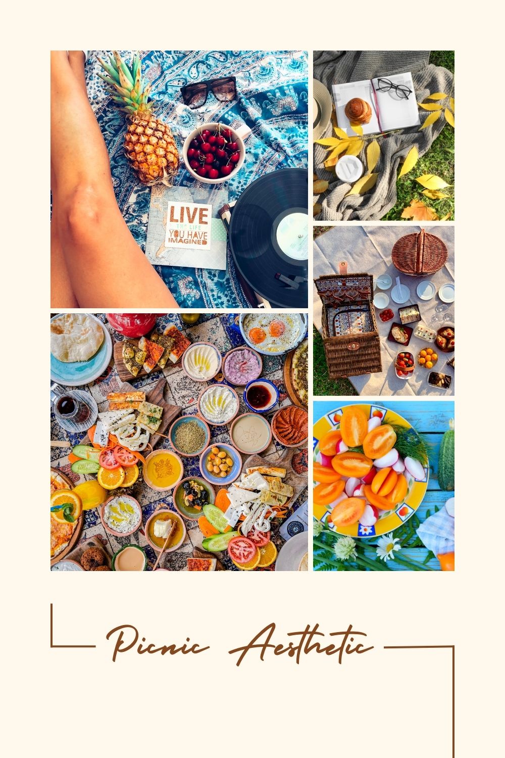 Collage of vibrant picnic moments featuring fruit bowls, colorful dishes, a vinyl record, and handwritten notes — a visual celebration of picnic aesthetics, joyful snacking, and intentional outdoor living.