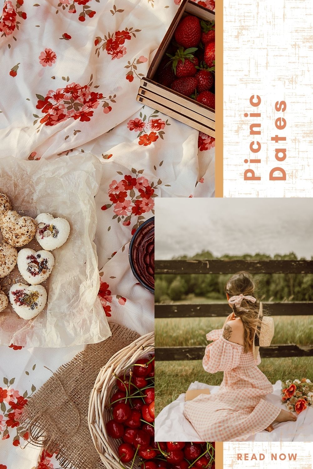 Romantic spring picnic featuring heart-shaped treats, a basket of cherries, and a woman in a gingham dress seated on a blanket in the grass, capturing the dreamy vibe of a slow, intentional picnic date.