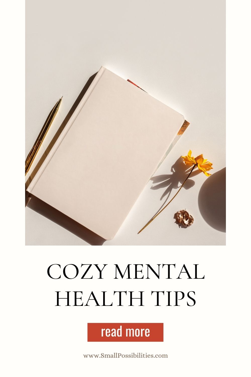 Calming flat lay image of a neutral-toned journal, pen, and dried flower with overlay text “Cozy Mental Health Tips,” representing journaling, mindfulness, and gentle self-care routines featured in the blog.