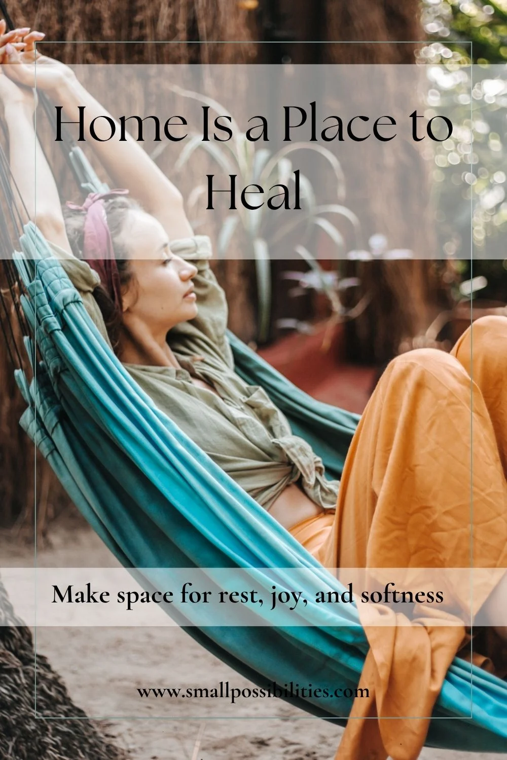 Peaceful backyard hammock scene with a woman in flowy clothing relaxing under dappled light, highlighting the healing comfort of home.